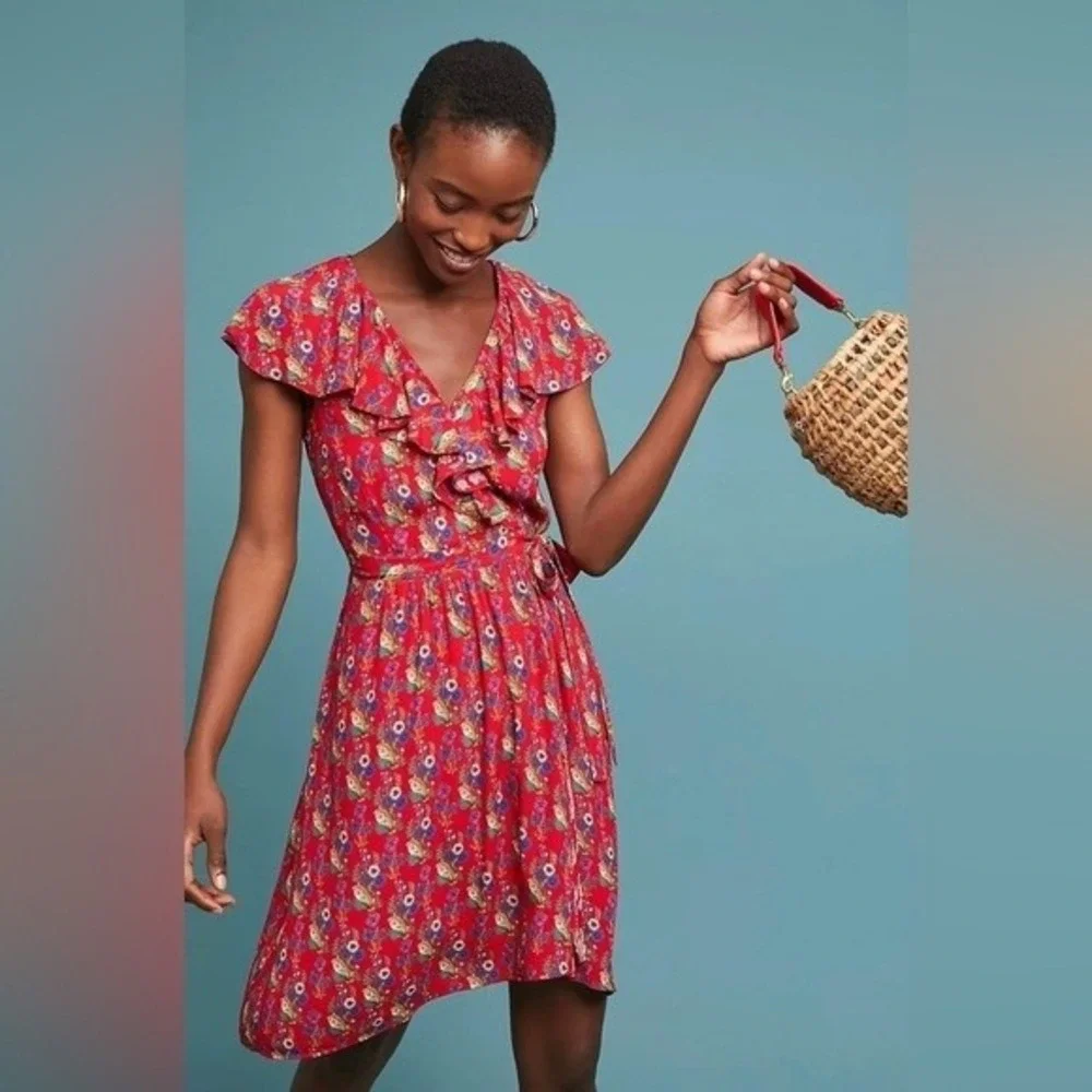 Maeve Anthropologie Boho Indie Floral Paisley Ruffle Wrap Dress Size 6 Red